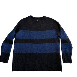 H&M Black Alpaca Wool Blend Black Blue Striped Crew Neck Sweater XL
